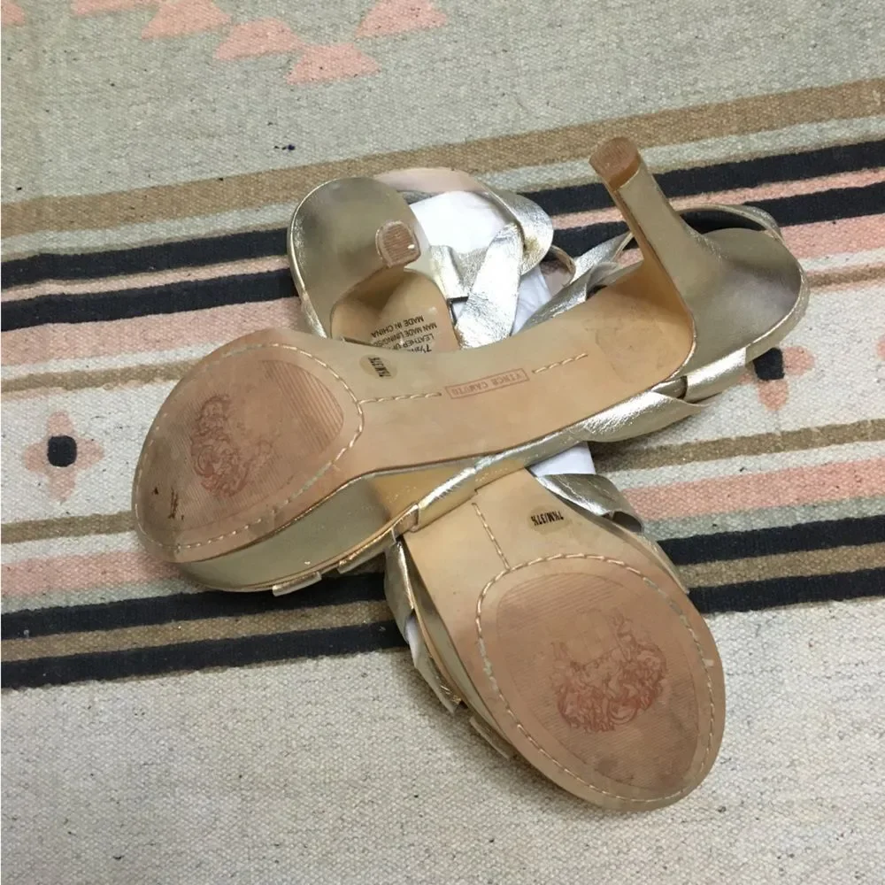 Vince Camuto women’s 7.5 gold strappy heels shoes good stored condition